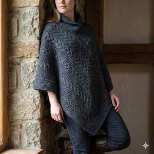 Aran Sweater Market Poncho Merino Wool Cable Knit Charcoal Grey Made in Ireland